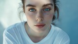 Fototapeta Koty - Image of a young woman with blue eyes and freckles wearing a white t-shirt against a blue background.
