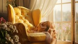 Fototapeta Koty - Cozy interior with a yellow armchair and sunlight streaming through curtains.