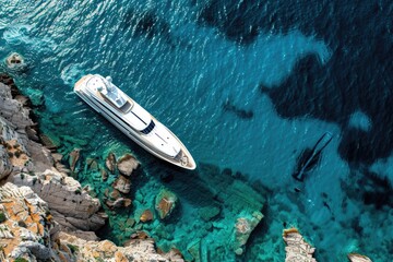 Canvas Print - A serene image of a boat peacefully floating on clear blue water. Ideal for travel and leisure concepts