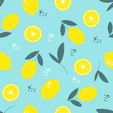Fototapeta Pokój dzieciecy - Seamless vector pattern with bright lemons and leaves. Minimalistic natural background.
