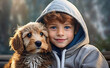 Portrait of a cute little redhead freckled boy wearing a hoodie and hugging his terrier dog.