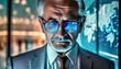Portrait of a senior businessman looking down with global map reflecting in his eyeglasses.