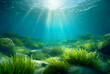 Underwater seascape with green aquatic algae on the ocean floor with natural sunlight.