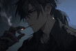 anime man holding cigarette against darkness background