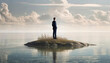 Businessman standing alone on a tiny island in the middle of the sea.