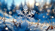 Close up detail of a snowflake with snowy winter landscape background.
