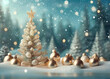 Snowy fir tree and Christmas baubles with glittering bokeh background.