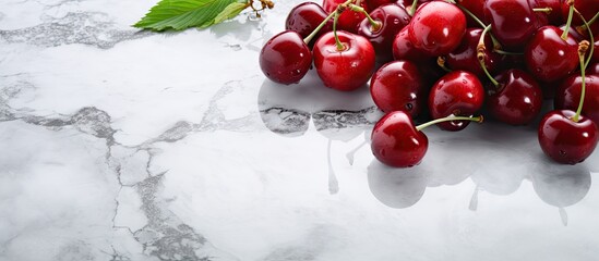 Aufkleber - A composition of sweet cherries on a marble table with a space available for text in the image. with copy space image. Place for adding text or design