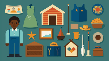 A display of historical artifacts and replicas for children to touch and experience such as a replica of a slave cabin or a freedom quilt.. Vector illustration