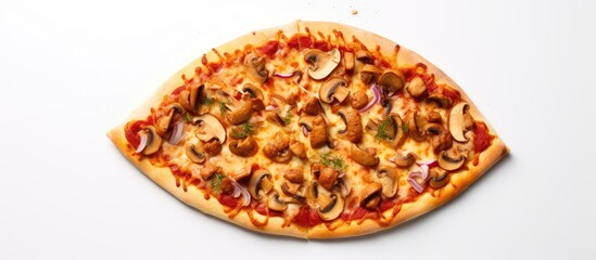 Poster - A copy space image of a fast food pizza isolated on a white background and presented in a flat lay arrangement