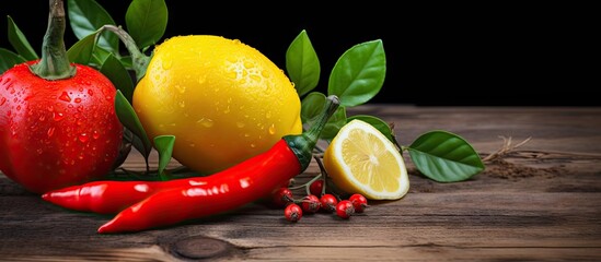 Aufkleber - A copy space image featuring vibrant red chili peppers and a refreshing lemon displayed against a rustic wooden background