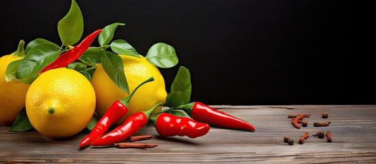 Aufkleber - A copy space image featuring vibrant red chili peppers and a refreshing lemon displayed against a rustic wooden background