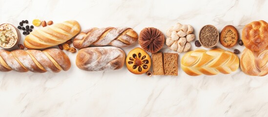 Poster - A copy space image showcasing various baked bakeries including a top view of Baguette Bakery on a white marble floor