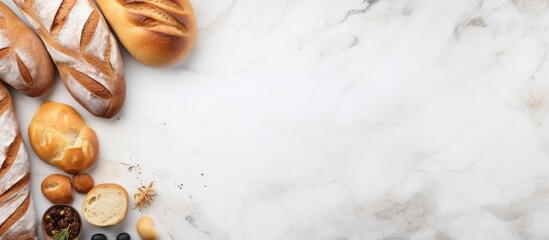 Poster - A copy space image showcasing various baked bakeries including a top view of Baguette Bakery on a white marble floor