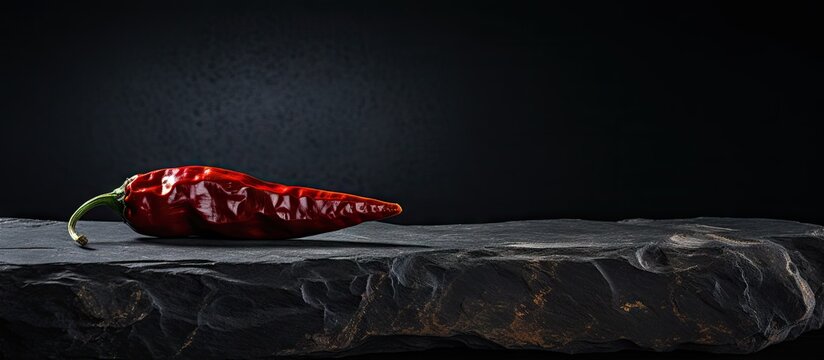 A close up view of a dried red hot chili pepper adorning a black stone board creating a visually striking copy space image