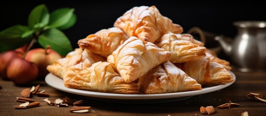 Leinwandbilder - A copy space image of apple turnovers made from puff pastry served as a dessert on a white wooden table
