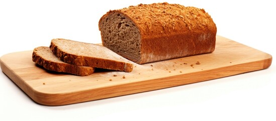 Poster - A cutting board with two slices of wholemeal bread on a white background providing room for a text or image. with copy space image. Place for adding text or design