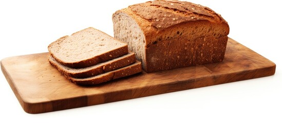 Poster - A cutting board with two slices of wholemeal bread on a white background providing room for a text or image. with copy space image. Place for adding text or design
