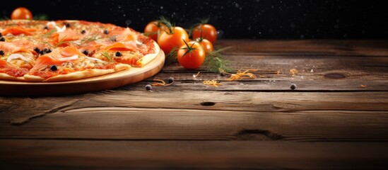 Poster - A copy space image of a wooden table adorned with a delicious pizza topped with smoked salmon