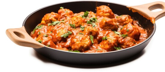 Aufkleber - A copy space image showing meatballs simmering in tomato sauce on a white background cooked in a frying pan