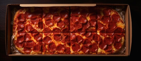 Poster - A copy space image of pepperoni pizza slices neatly arranged inside a paper box