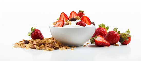 Poster - A copy space image of a healthy breakfast consisting of whole grain granola combined with yogurt nuts and fresh strawberries set against a white background