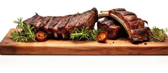 Fototapete - A copy space image featuring a wooden board holding grilled rack of lamb ribs and mutton spareribs against a white background