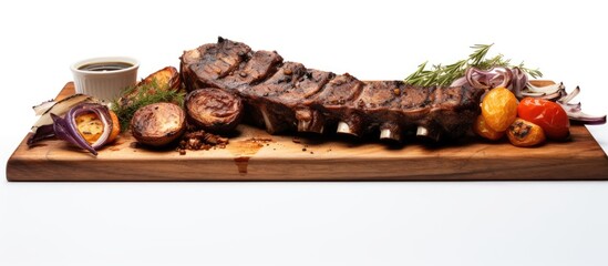 Fototapete - A copy space image featuring a wooden board holding grilled rack of lamb ribs and mutton spareribs against a white background