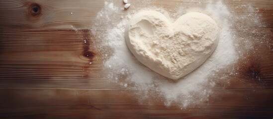Aufkleber - A copy space image featuring a heart shaped design made on wheat flour is placed on a wooden table beside a rolling pin