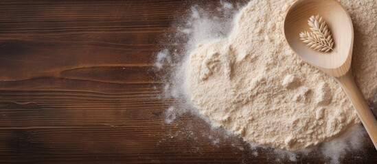Aufkleber - A copy space image featuring a heart shaped design made on wheat flour is placed on a wooden table beside a rolling pin