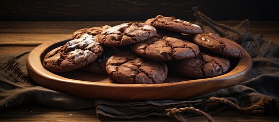 Poster - A copy space image of chocolate cookies neatly presented on a rustic wooden tray