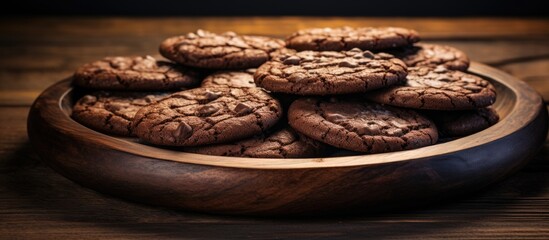 Poster - A copy space image of chocolate cookies neatly presented on a rustic wooden tray