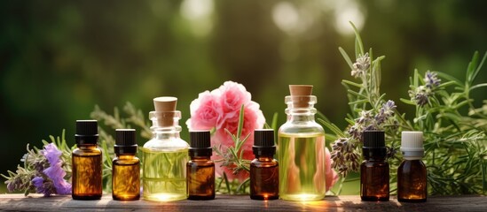 Leinwandbilder - A copy space image featuring bottles of essential oils along with roses and rosemary placed on a wooden table The background showcases a blurred green environment creating a calm and natural atmosphe