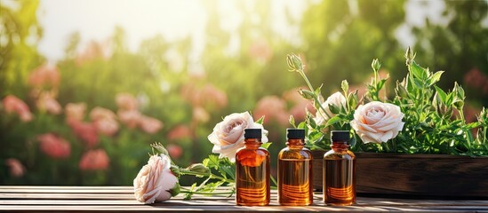 Leinwandbilder - A copy space image featuring bottles of essential oils along with roses and rosemary placed on a wooden table The background showcases a blurred green environment creating a calm and natural atmosphe