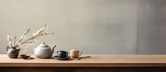 Aufkleber - A concept of tea ceremony relaxation and taking a break is portrayed in the copy space image of a wooden white table adorned with a teapot cups and fragrant black tea 135