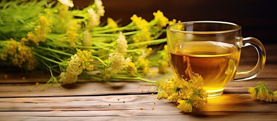 Fototapete - A copy space image showing fennel seed tea or extract placed on a wooden background accompanied by fresh flowers nearby This natural remedy is known to help with breast milk production sleep and stre