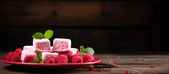 Poster - A delicious homemade berry marshmallow is placed on a beautifully decorated red plate set against a rustic wooden background creating an inviting and visually appealing copy space image The marshmall