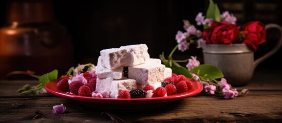 Poster - A delicious homemade berry marshmallow is placed on a beautifully decorated red plate set against a rustic wooden background creating an inviting and visually appealing copy space image The marshmall