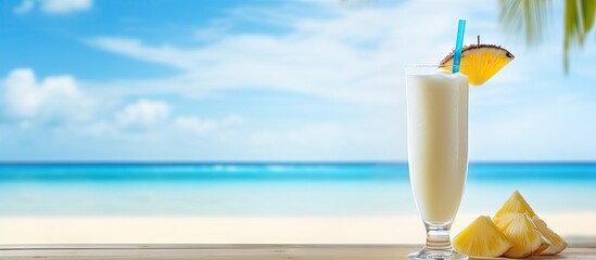 Aufkleber - A delicious Pina Colada cocktail placed on a wooden table with the mesmerizing ocean backdrop providing ample space for text Ideal for banners