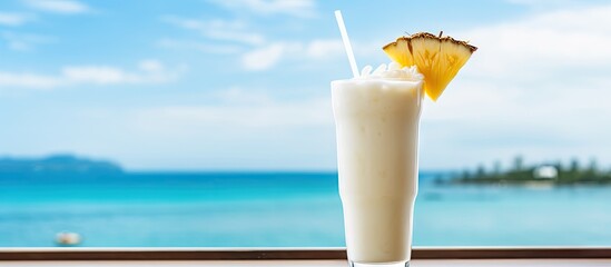 Aufkleber - A delicious Pina Colada cocktail placed on a wooden table with the mesmerizing ocean backdrop providing ample space for text Ideal for banners
