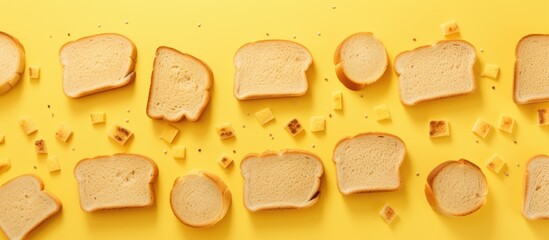 Poster - A breakfast themed copy space image showcasing a vibrant yellow background adorned with multiple slices of toasted bread observed from a top down perspective