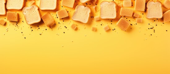 Poster - A breakfast themed copy space image showcasing a vibrant yellow background adorned with multiple slices of toasted bread observed from a top down perspective