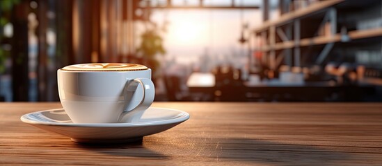 Aufkleber - A copy space image of a coffee cup with a modern loft coffee lounge in the background