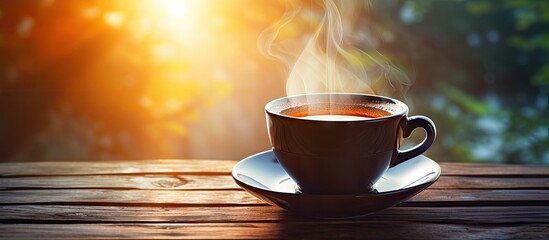 Fototapete - A black coffee cup sits on a table with a stream of sunlight shining down on it creating a vibrant and inviting ambiance. with copy space image. Place for adding text or design