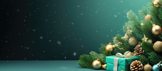 Aufkleber - A festive Christmas scene with pine tree branches presents and decorations on a green background with ample space for copy