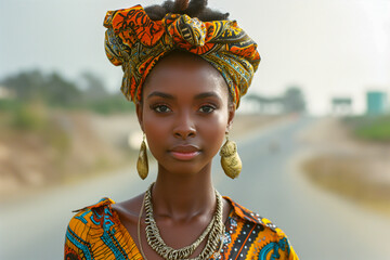 A woman wearing a colorful head scarf and gold earrings