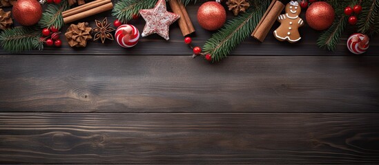 Wall Mural - A festive Christmas themed wooden background adorned with delightful gingerbread cookies presents lush fir tree branches and festive decorations Ample space for adding your own content
