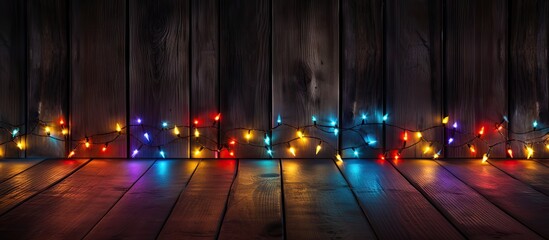 Poster - A festive Christmas light background with vibrant colors illuminating a dark wood backdrop leaving ample copy space for customization