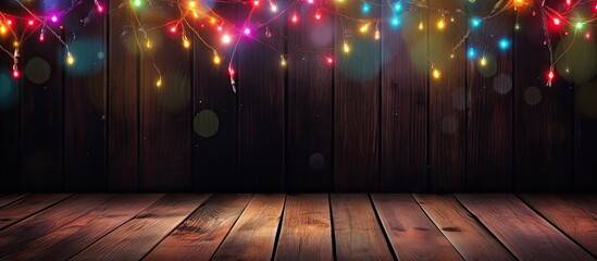 Poster - A festive Christmas light background with vibrant colors illuminating a dark wood backdrop leaving ample copy space for customization