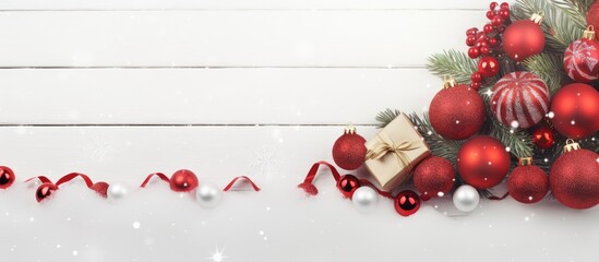 Wall Mural - A festive Christmas border with red decorations and presents placed on a copy space image of a white wooden background